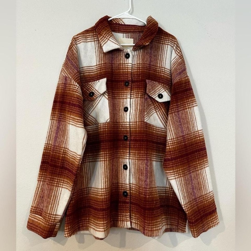 NWT Thread and Supply Co flannel shacket in burnt orange, burgundy and white.